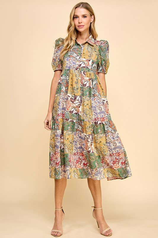 Elodie Abstract Collared Midi Shirt Dress