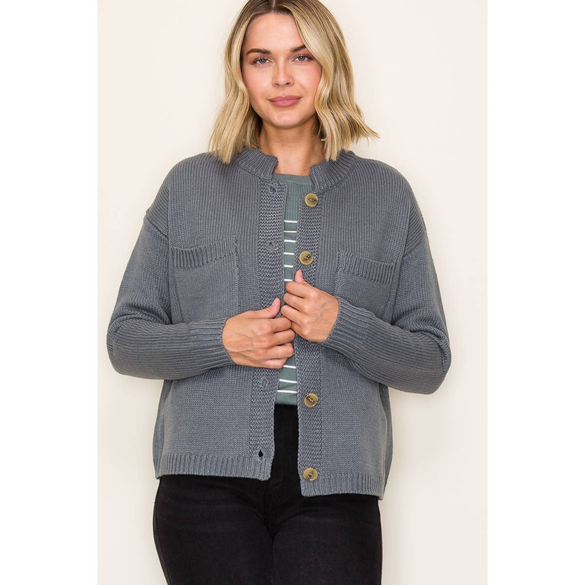 Margot Mock-Collar Button-Down Sweater Cardigan (Dusty Jade)