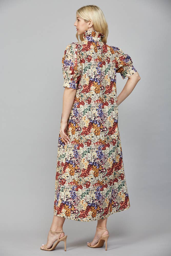 Garden Stroll Ruffle-Neck Midi Dress (Ivory Multi)