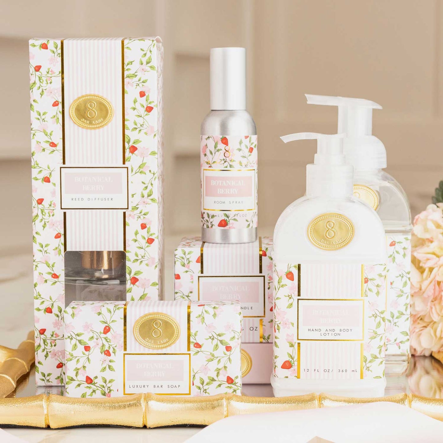 8 Oak Lane Botanical Berry Room Spray bottle showcasing vibrant label and elegant packaging for fresh, floral fragrance.