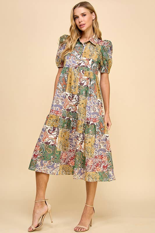 Elodie Abstract Collared Midi Shirt Dress