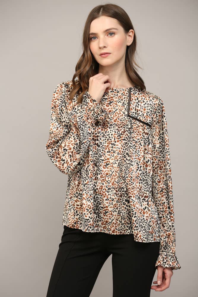 Esme Animal-Print Lace Peasant Blouse (Ivory Multi)