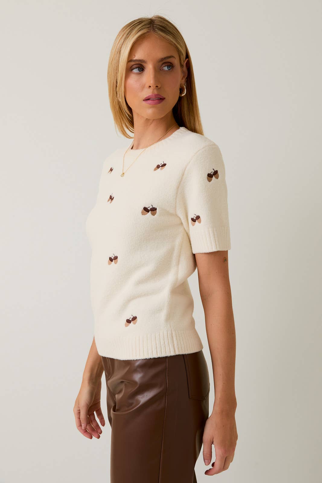 The Elsie Short Sleeve Knit Cream Embroidered Sweater
