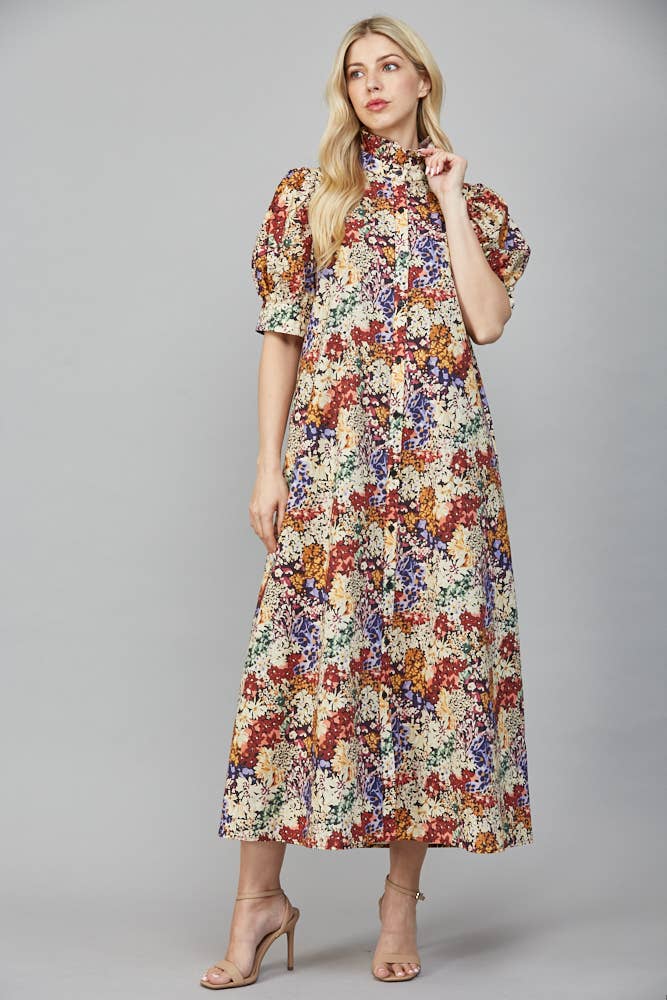 Garden Stroll Ruffle-Neck Midi Dress (Ivory Multi)