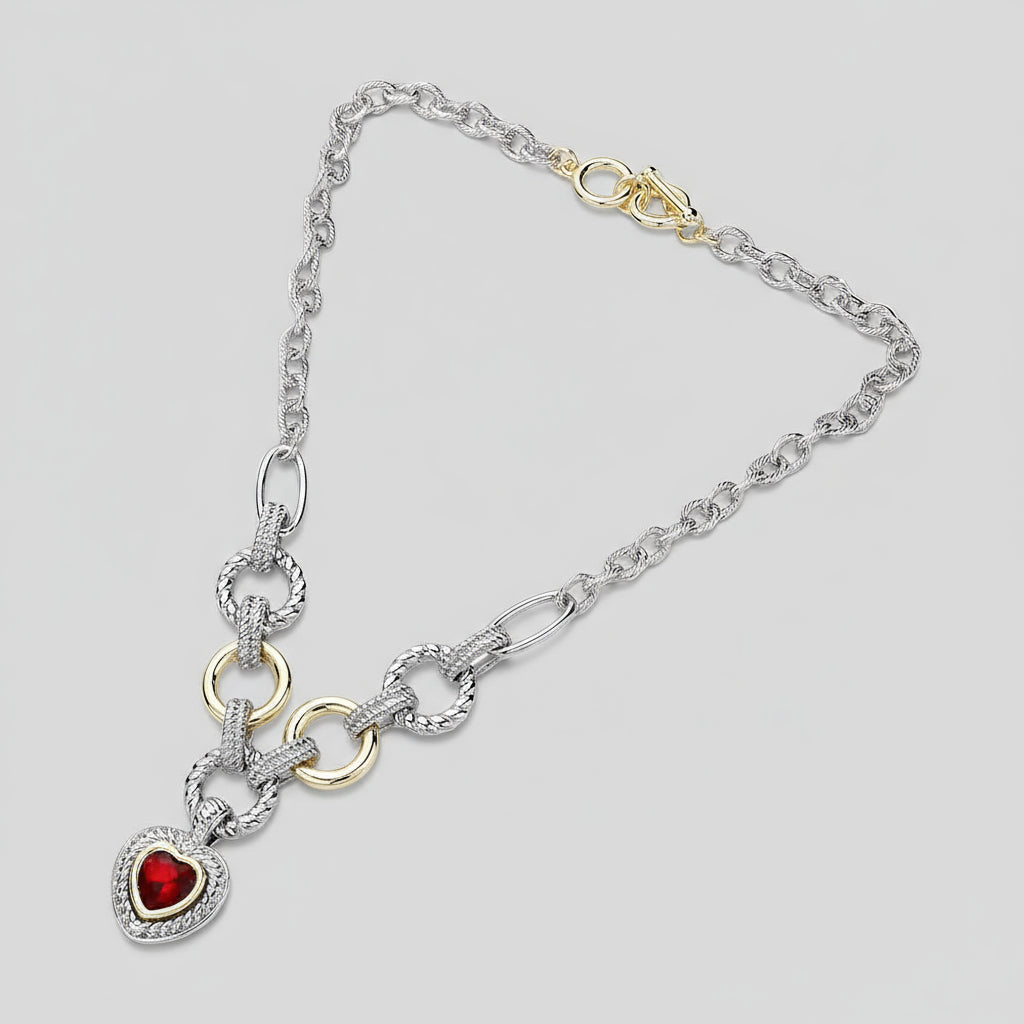 Emilia Two-Tone Textured Heart Pendant Necklace (Red)