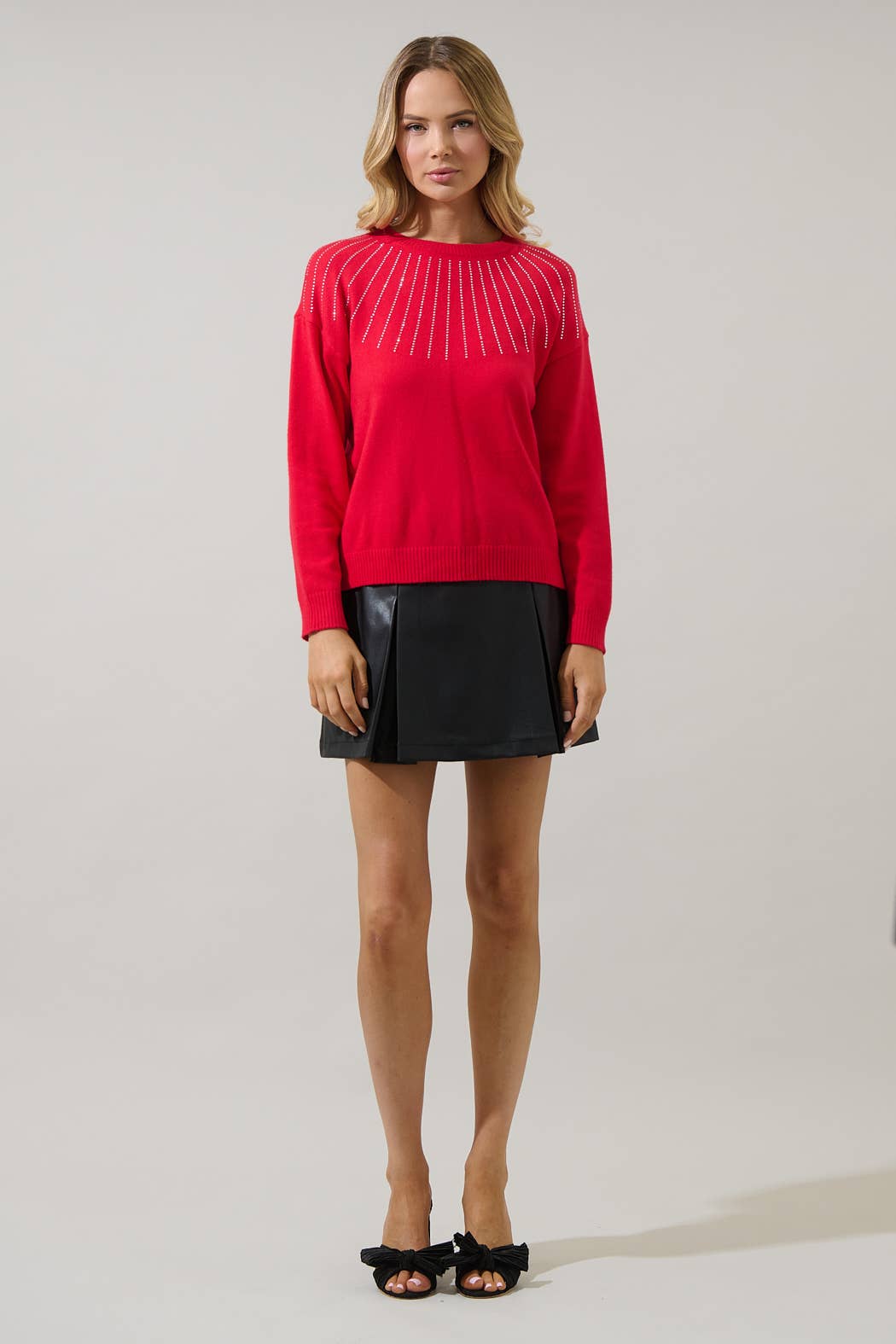 Sugarlips Shanice Rhinestone Knit Sweater in red, featuring a cozy knit fabric with sparkling rhinestone details, perfect for stylish winter wear.