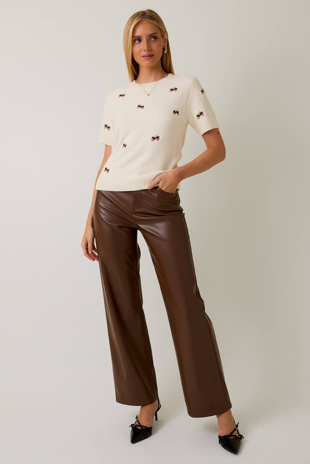 The Elsie Short Sleeve Knit Cream Embroidered Sweater