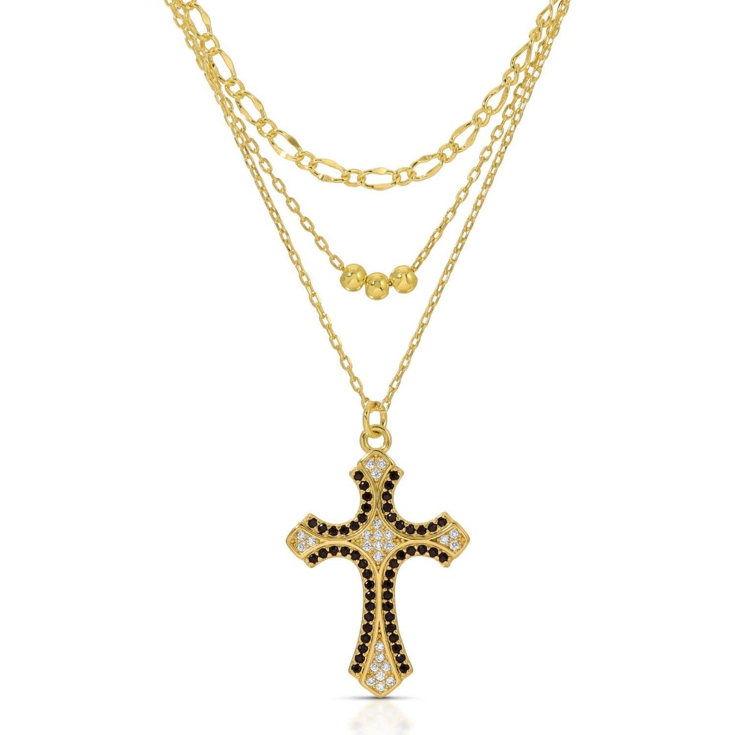 Layered Black Cross Necklace — Gold