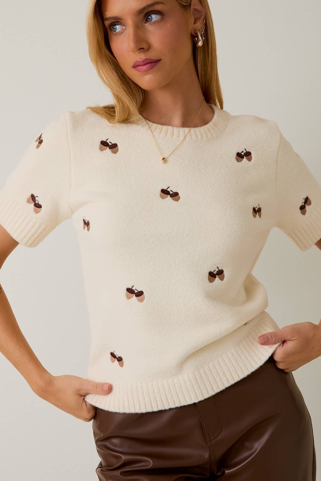 The Elsie Short Sleeve Knit Cream Embroidered Sweater