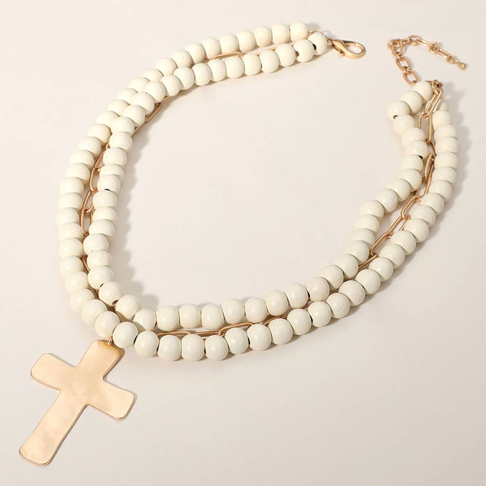 Maribelle Hammered Metal Cross Pendant Wood Bead Necklace