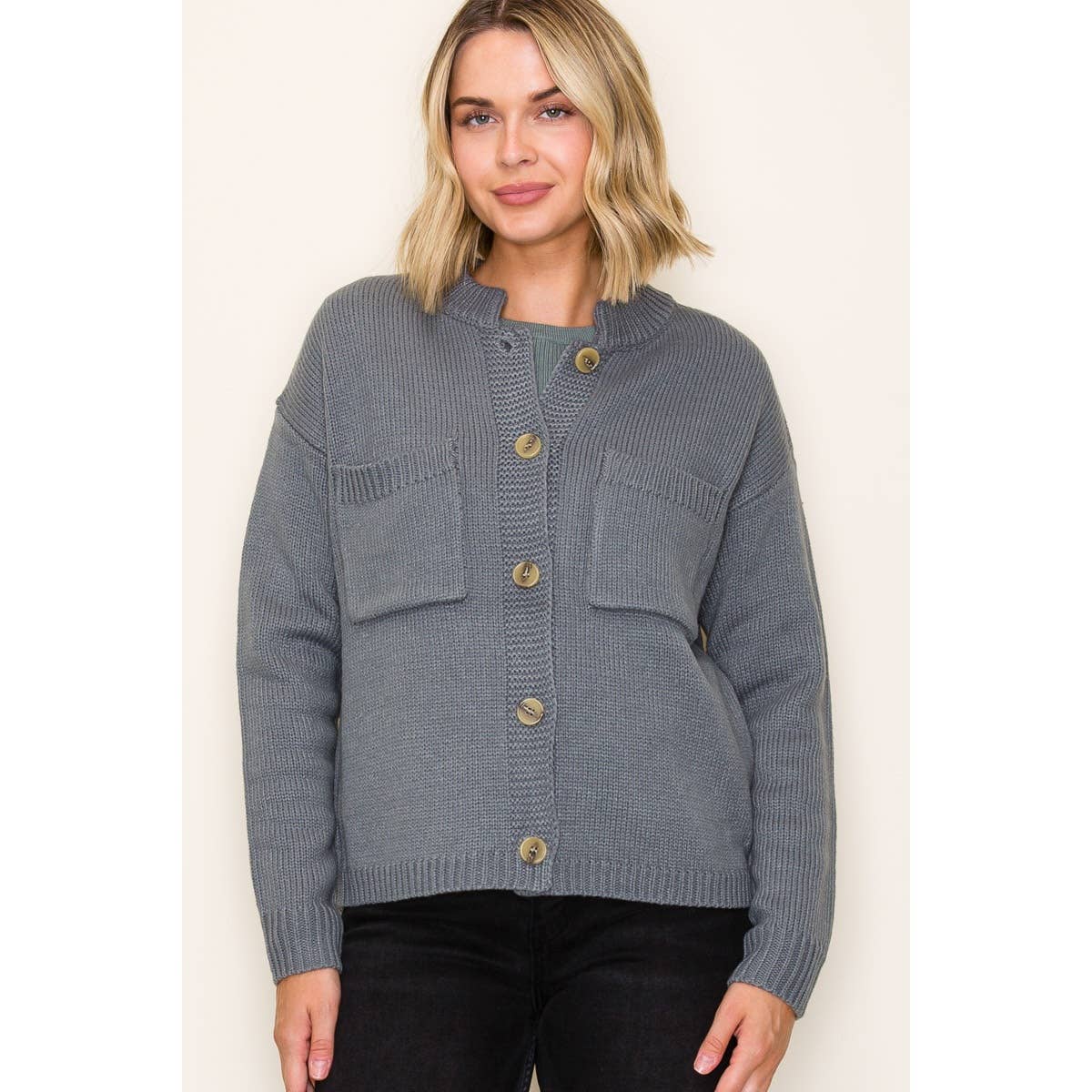 Margot Mock-Collar Button-Down Sweater Cardigan (Dusty Jade)
