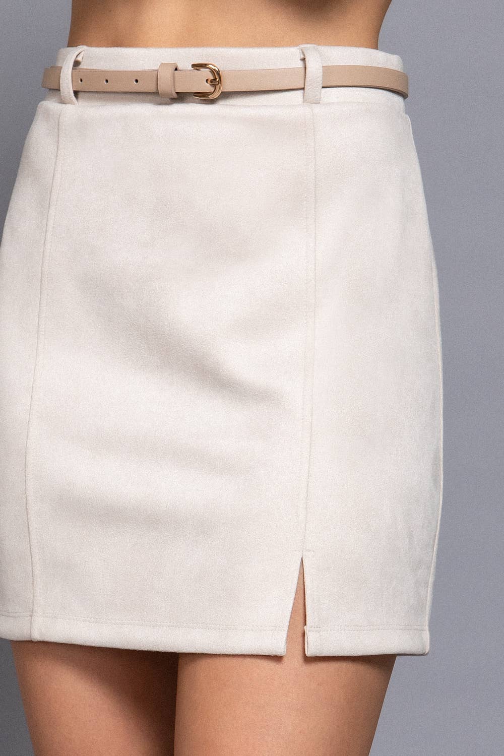 Ivy Belted Faux Suede Mini Skirt (Ecru)