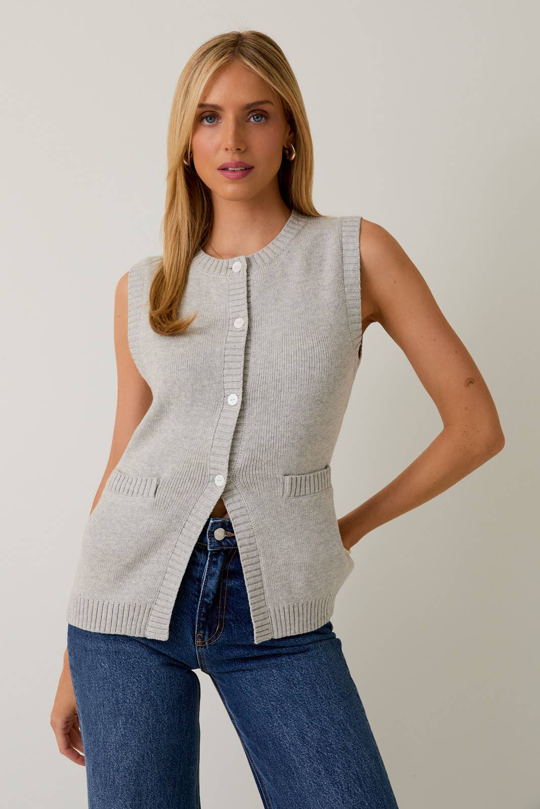 Margaux Button-Down Knit Vest (Heather Grey)