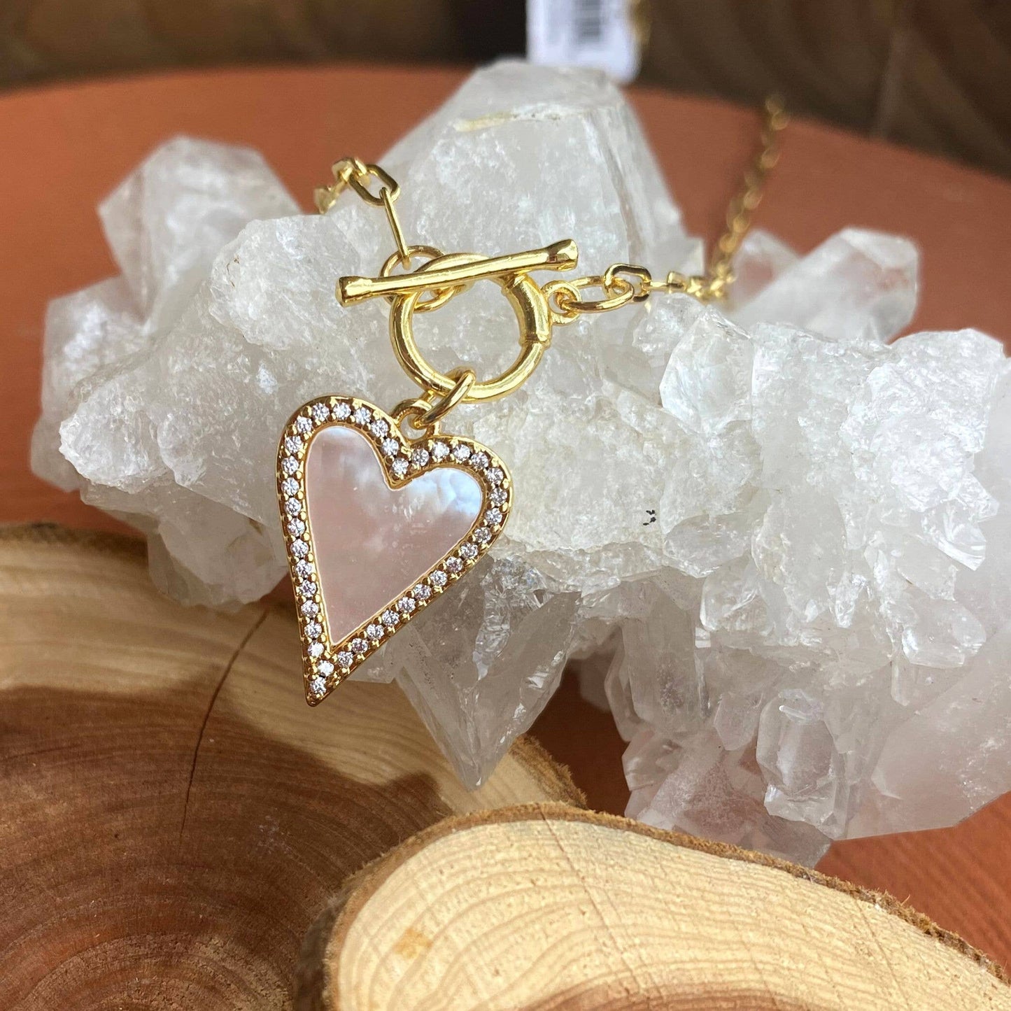 Mother-of-Pearl Pavé Heart Toggle Necklace — Gold