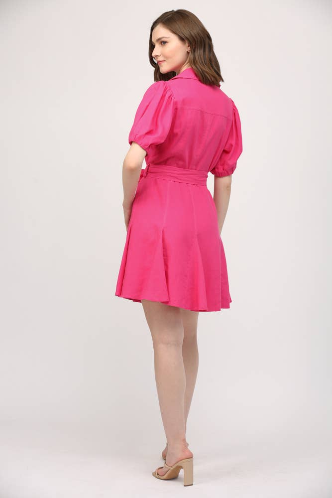 City Bloom Puff-Sleeve Linen Mini (Fuchsia)
