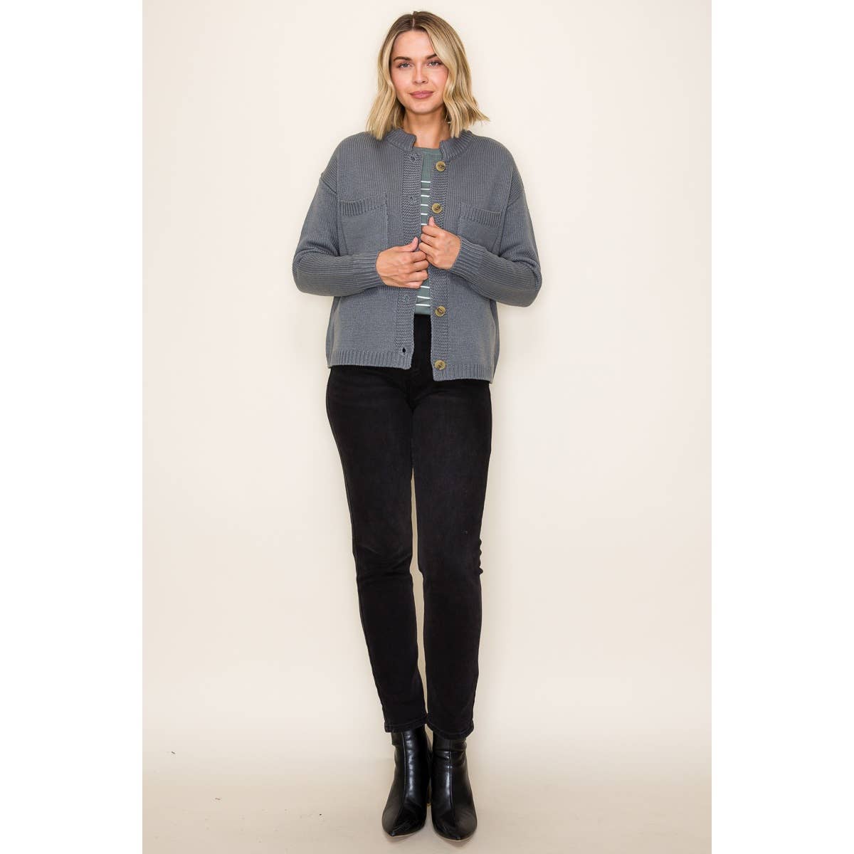 Margot Mock-Collar Button-Down Sweater Cardigan (Dusty Jade)