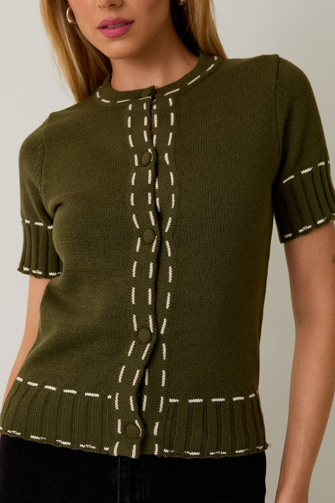 Round Neck Stitch Detail Sweater Cardigan – Olive