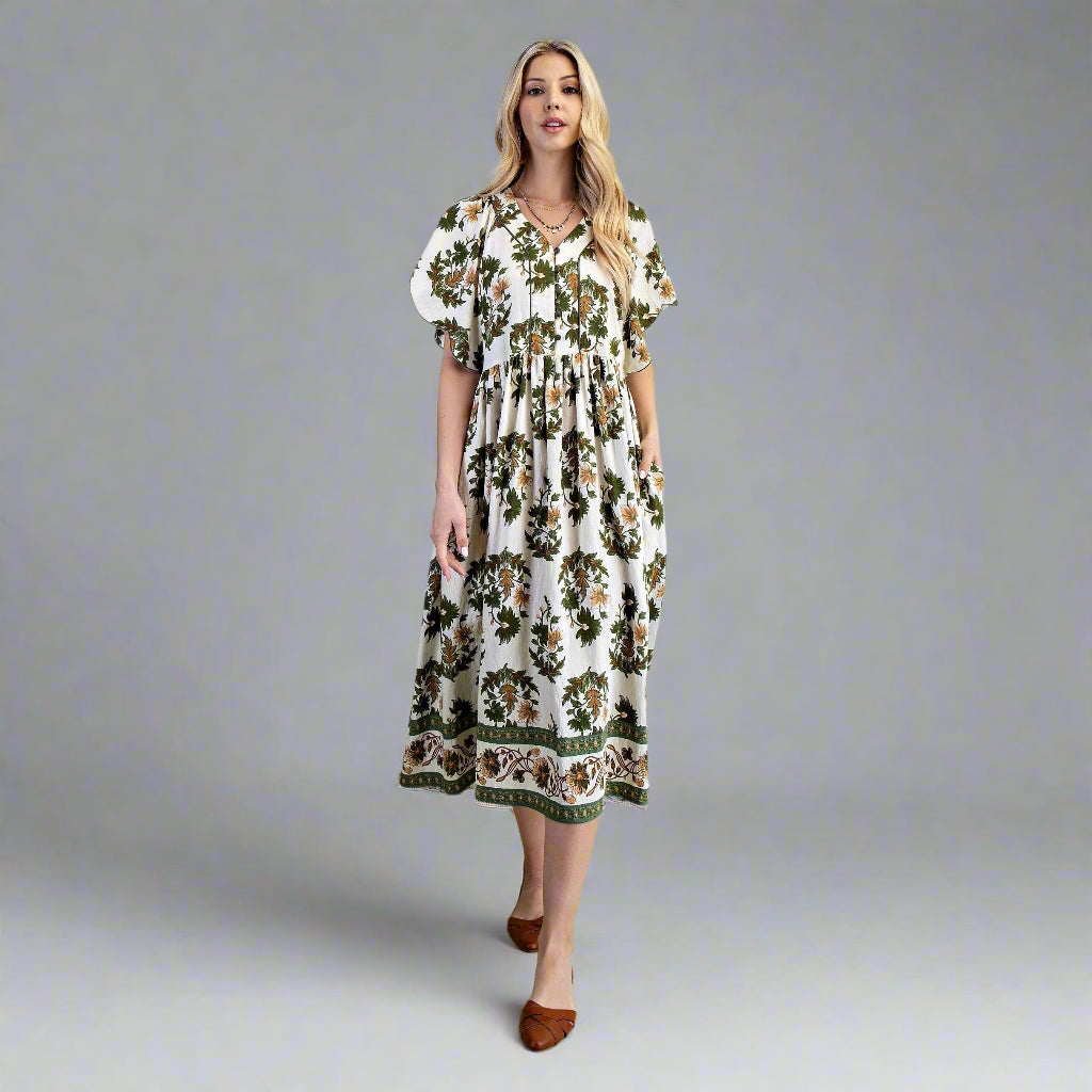 Floral Printed V-Neck Short-Sleeve Midi Dress – Olive Mix