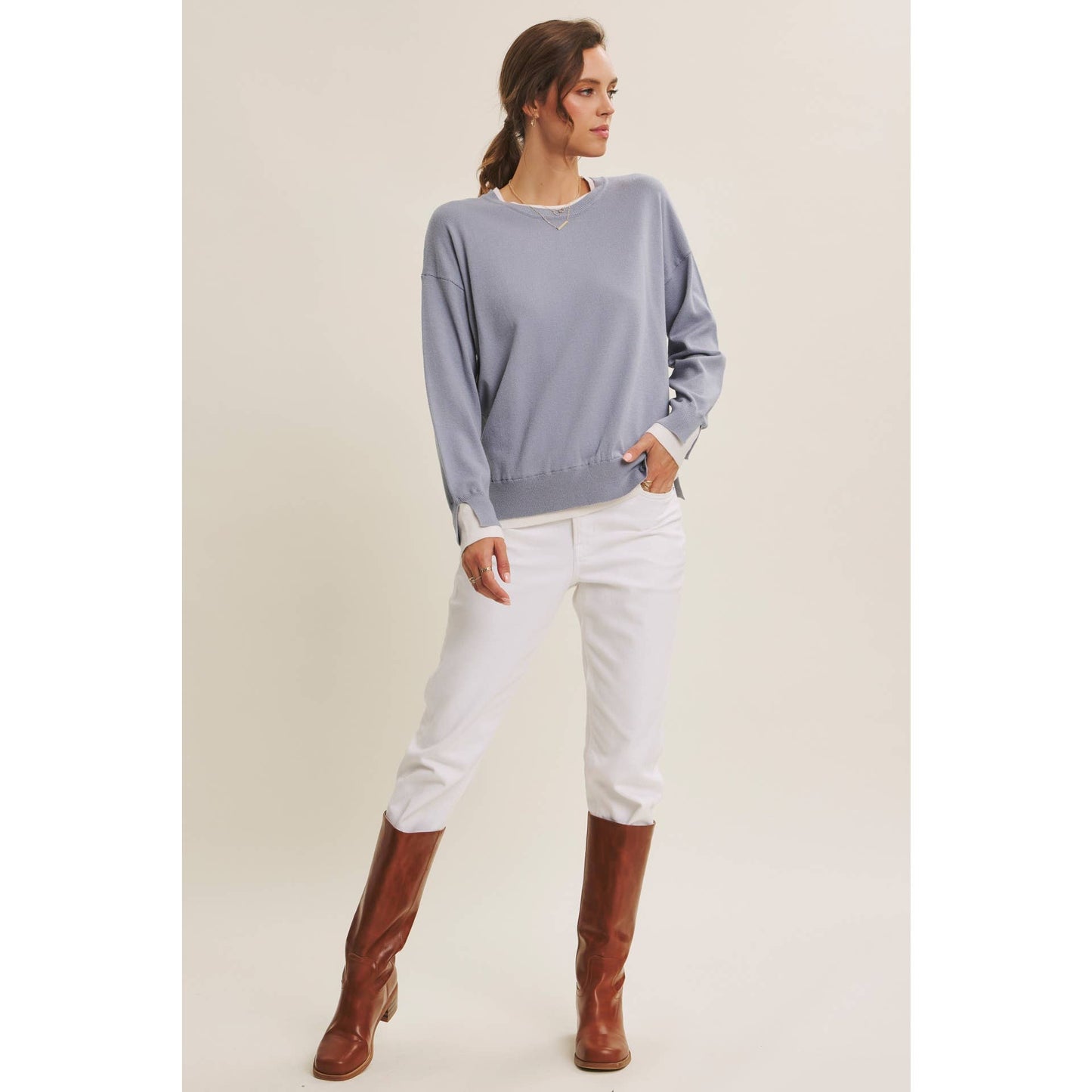 Feather Light Touch Two-Tone Viscose Sweater (Dusty Blue)
