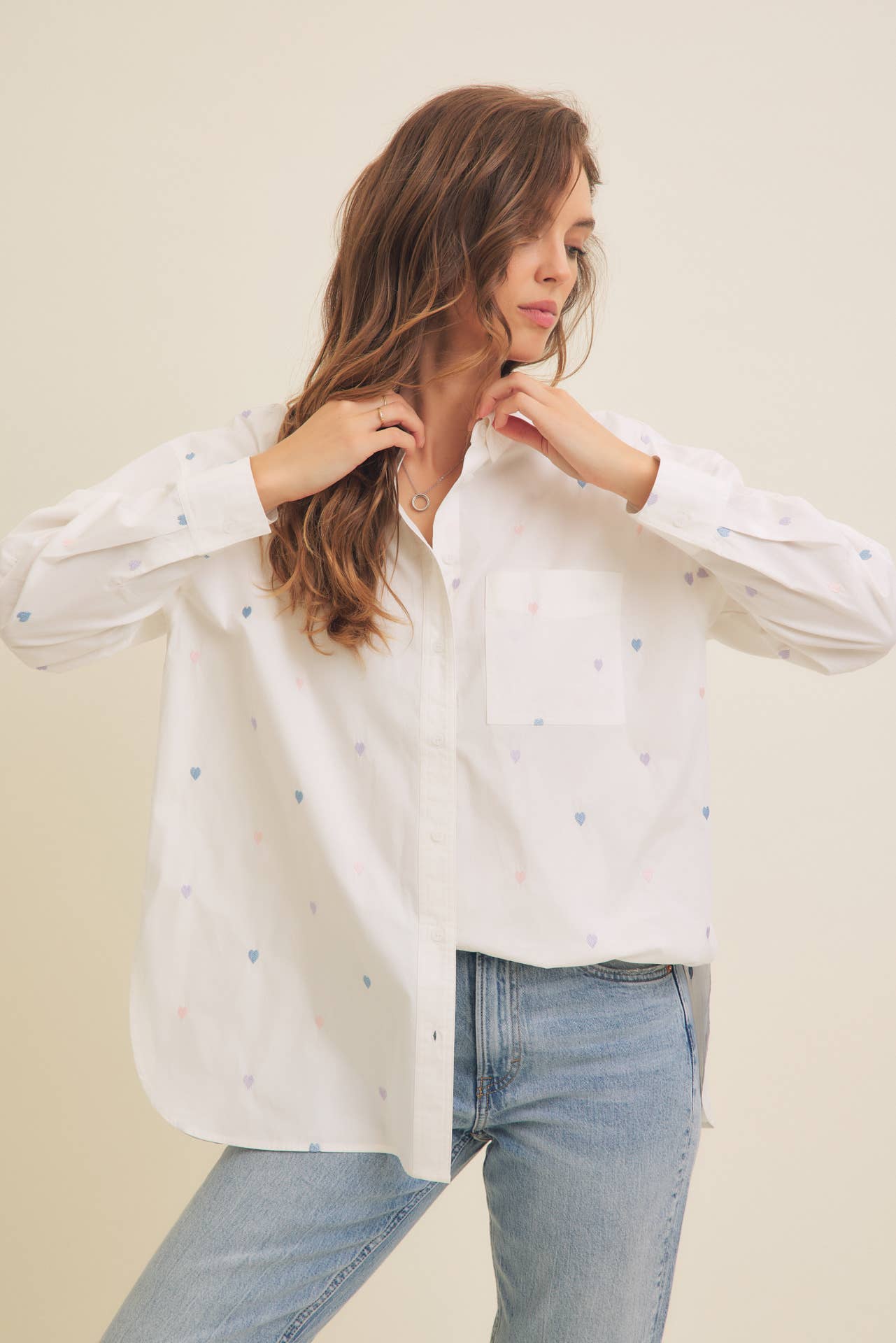 Full of Hearts Embroidery Button-Down Shirt