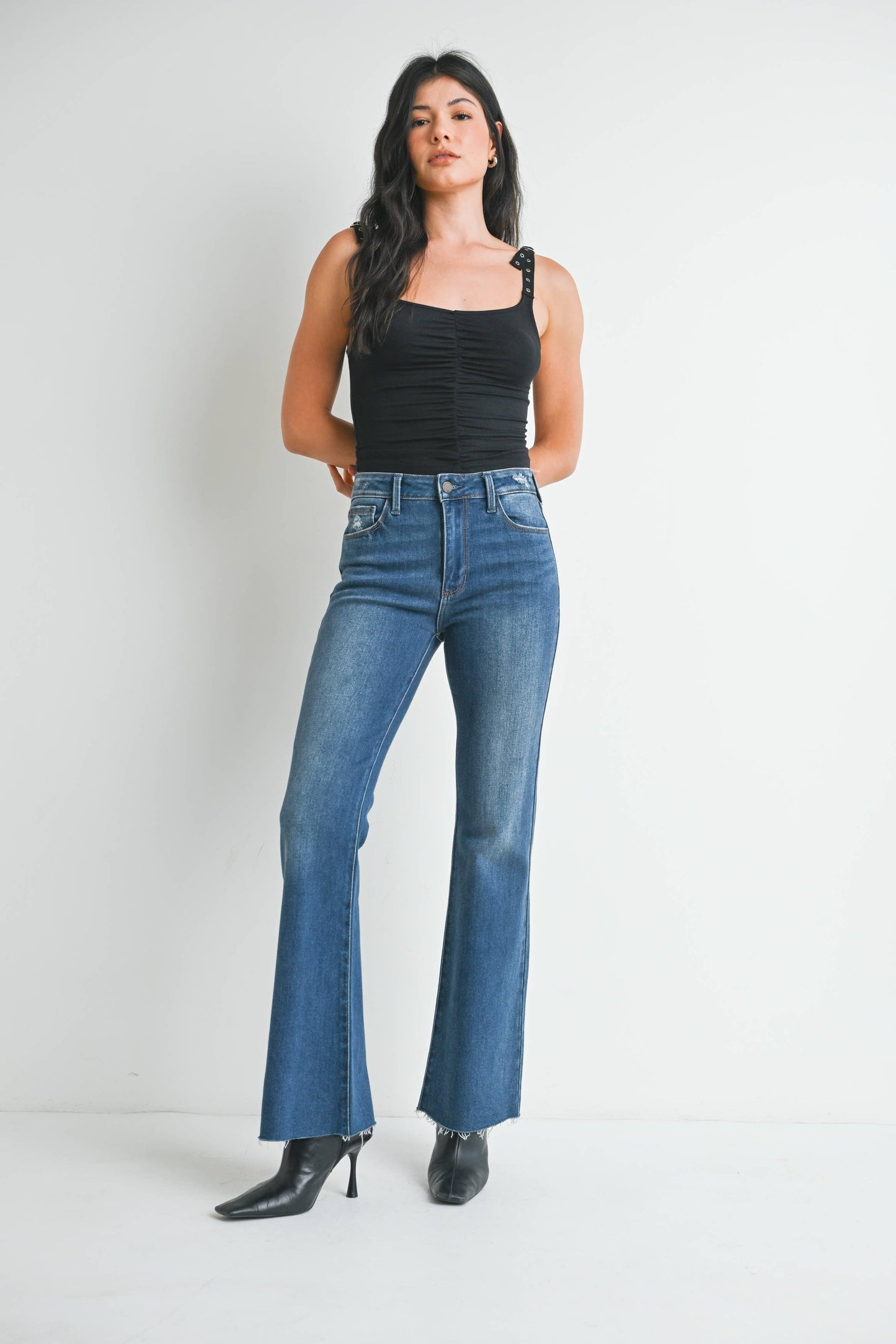 Rowan Flare Jeans with Hem Detail (Dark Wash)
