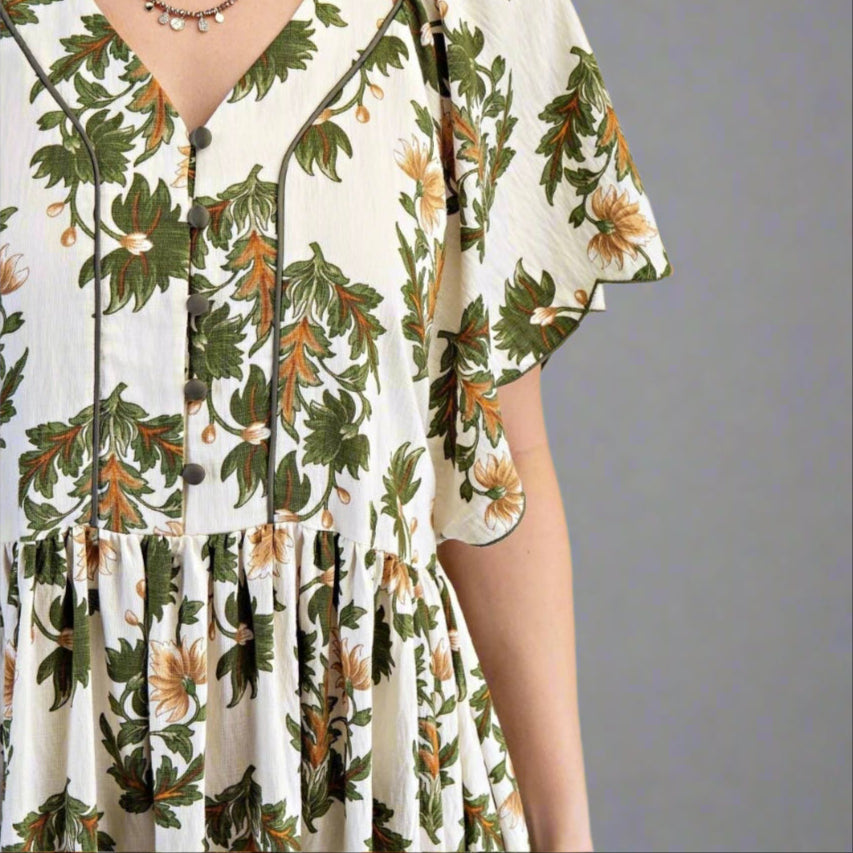 Floral Printed V-Neck Short-Sleeve Midi Dress – Olive Mix