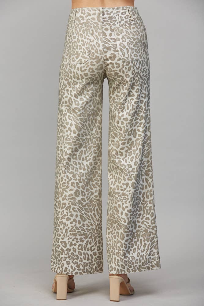 Celina Metallic Animal Print Wide-Leg Pants – Beige Multi