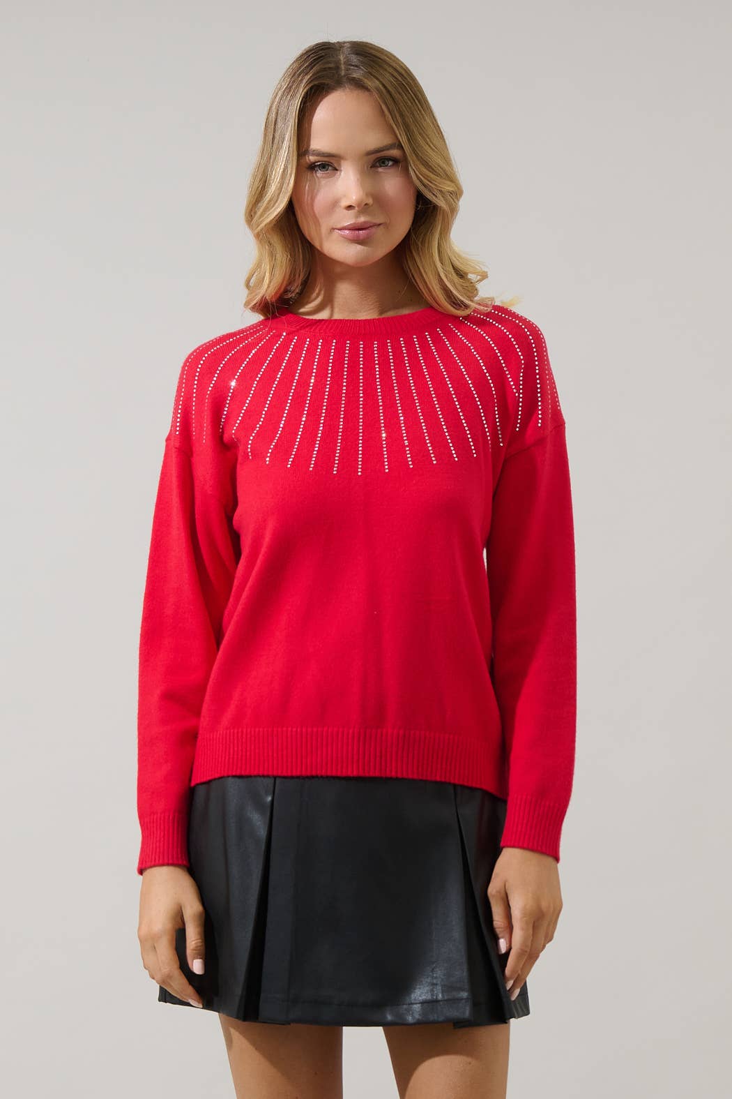 Sugarlips Shanice Rhinestone Knit Sweater in red, showcasing a cozy knit design with sparkling rhinestone embellishments.