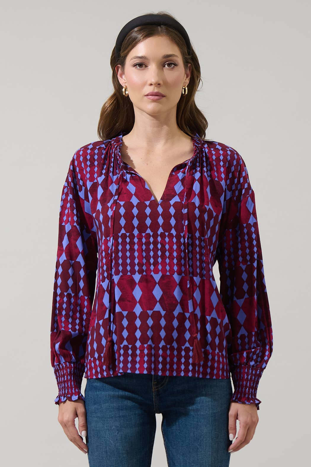 Ramsay Abstract Weylin Split-Neck Blouse – Burgundy & Blue