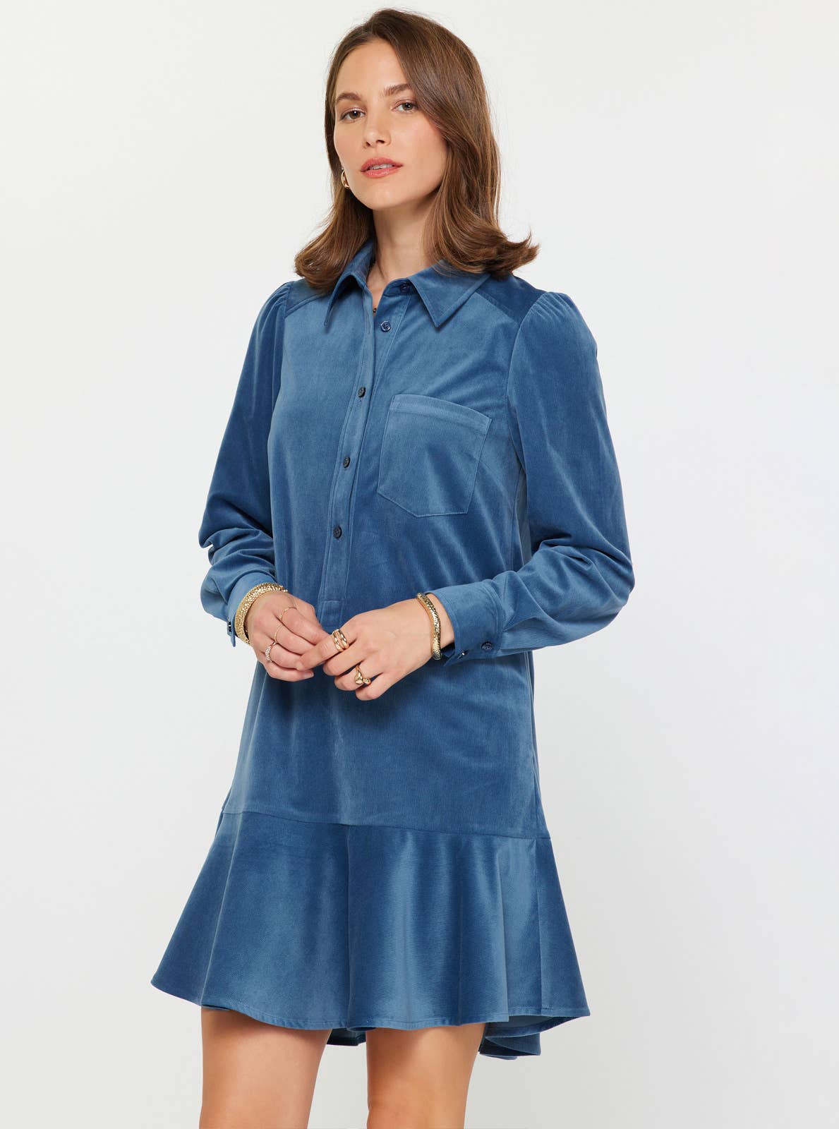 Current Air Caroline Fine Corduroy Mini Dress in Steel Blue, showcasing a stylish fit and textured fabric on a model.
