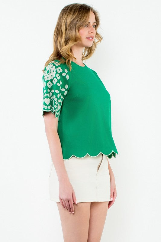 Hadley Embroidered Scallop Sleeve Top – Emerald THML