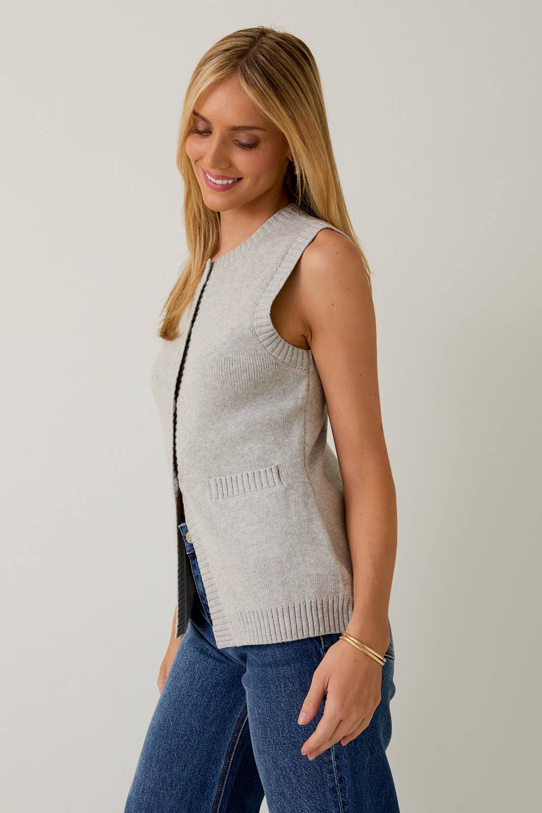 Margaux Button-Down Knit Vest (Heather Grey)