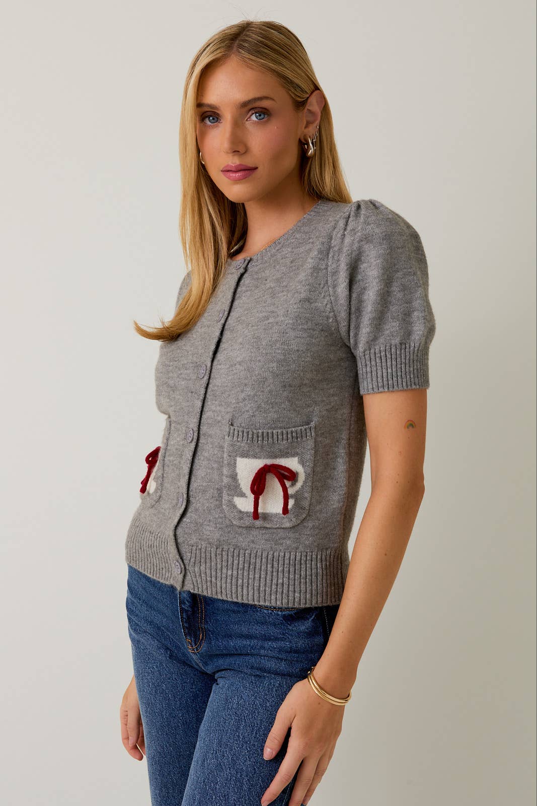 Round Neck Button Up Cup Graphic Sweater Cardigan – H Grey