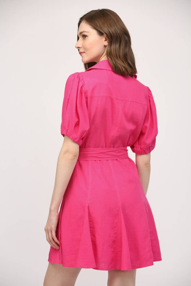 City Bloom Puff-Sleeve Linen Mini (Fuchsia)