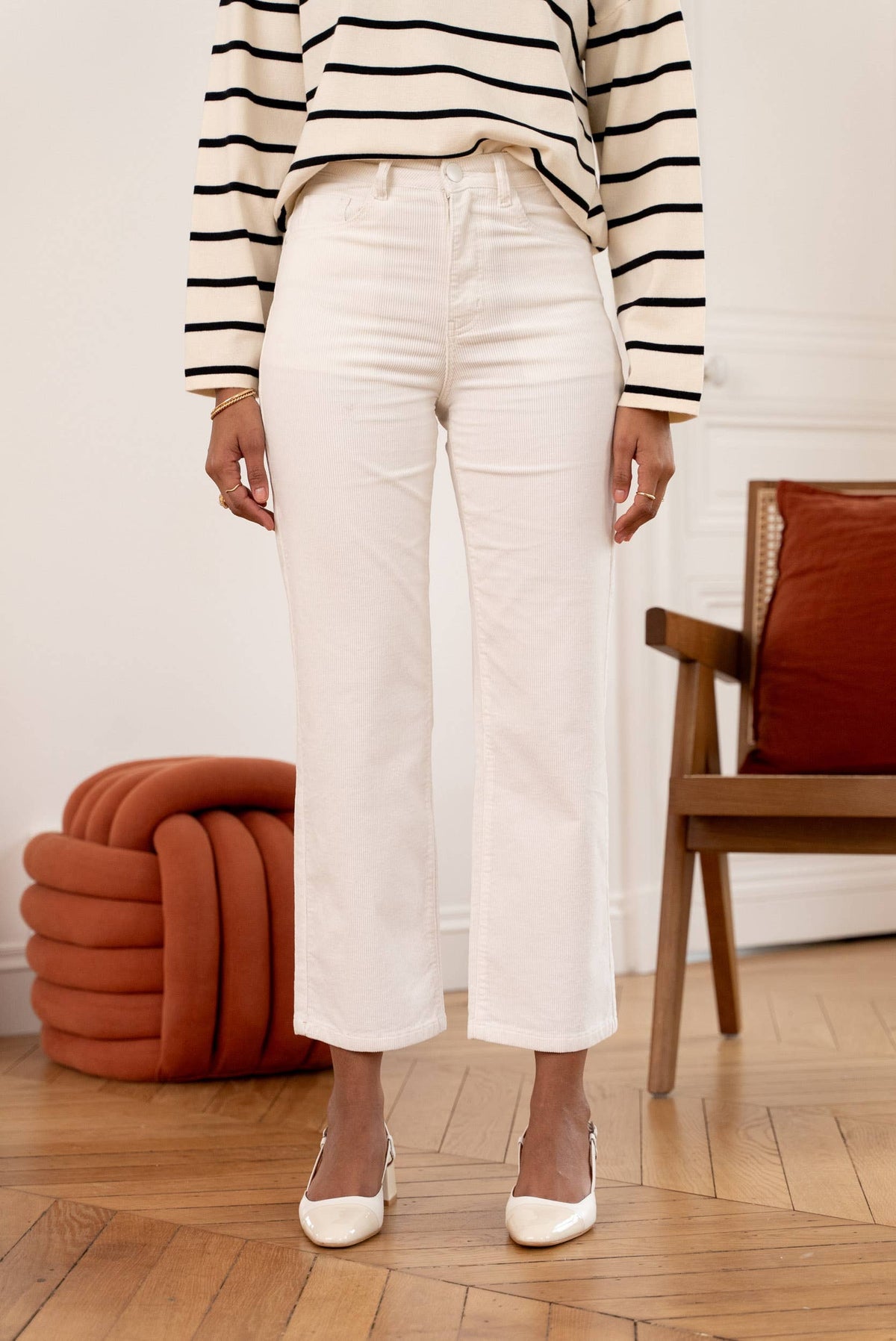 Oraije Paris Solange Straight Corduroy Pant, stylish beige bottoms with a straight-leg fit, made from soft corduroy fabric.