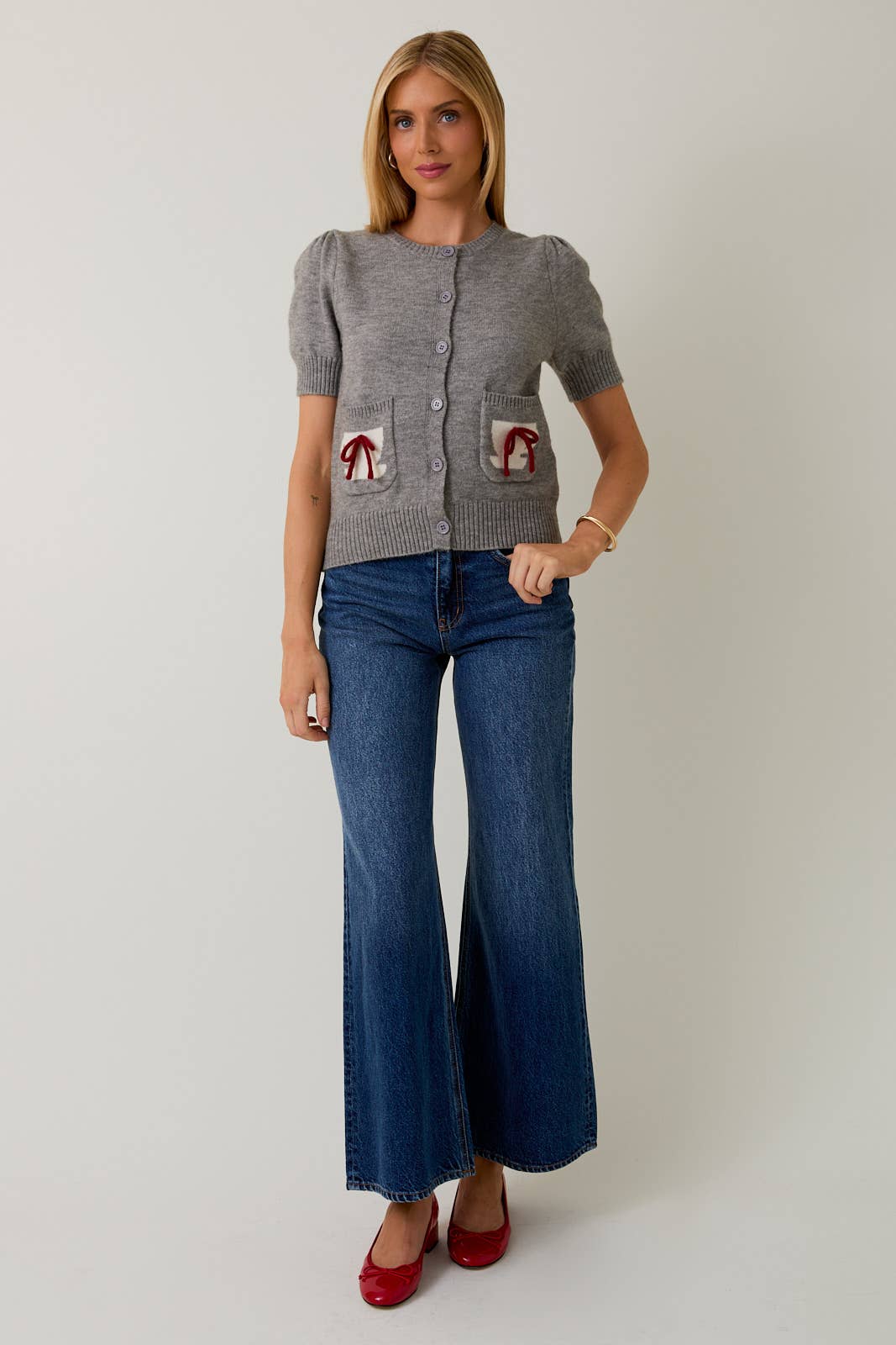 Round Neck Button Up Cup Graphic Sweater Cardigan – H Grey