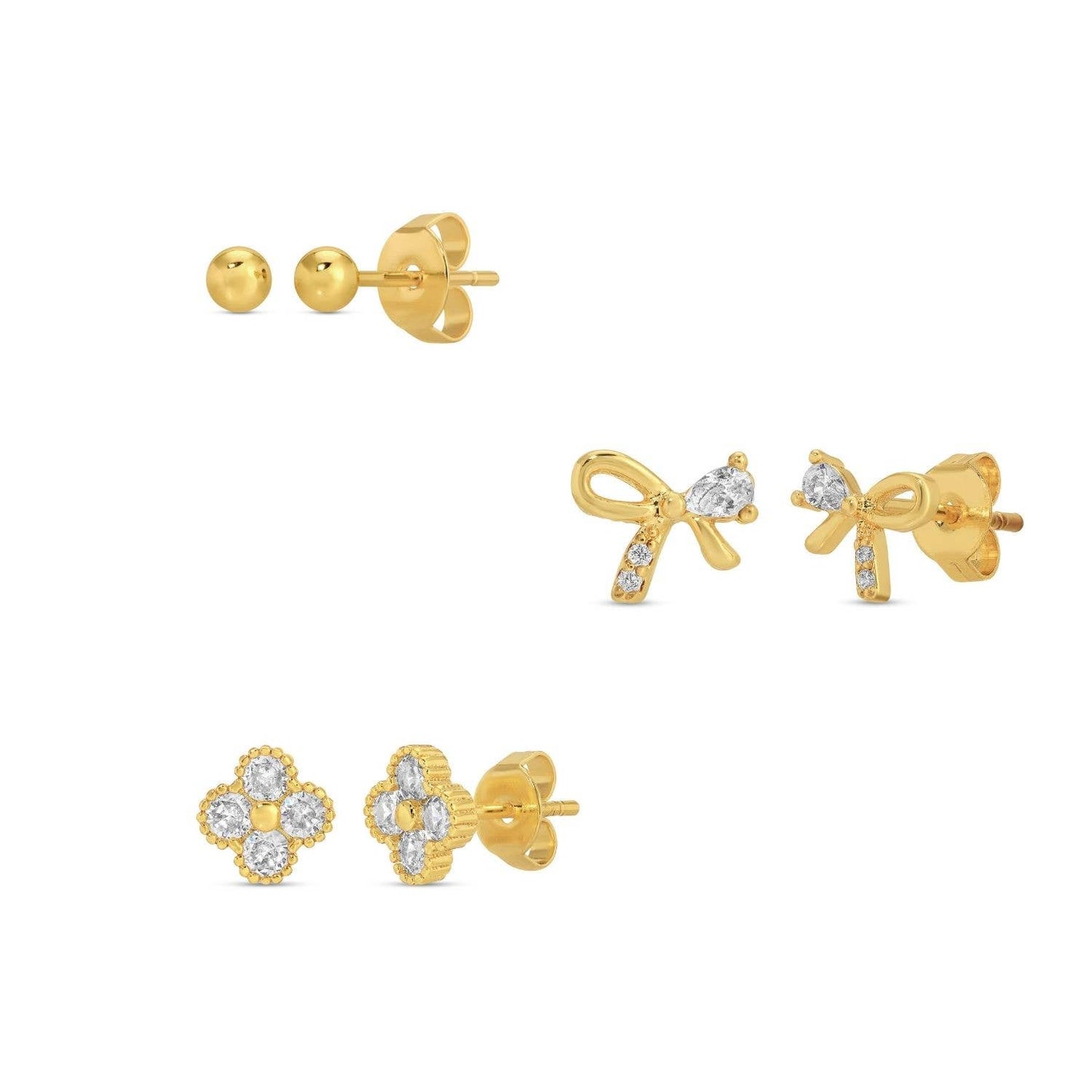 Set/3 Bow Accented Stud Gift Set (Gold)