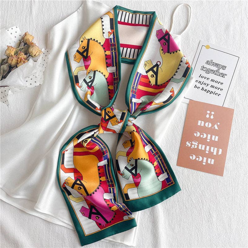 Narrow long silk scarf featuring double-sided design, stylish accessory from UZ Wholesale Store, displayed flat with intricate fabric details.