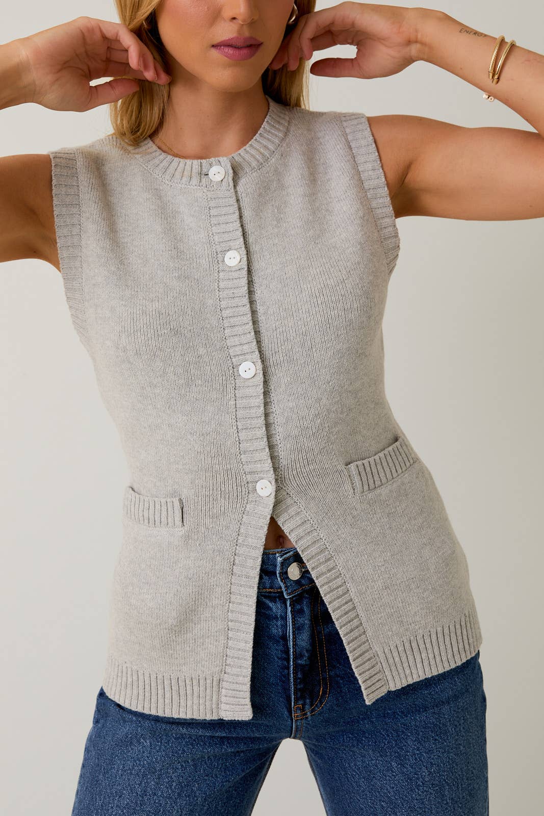 Margaux Button-Down Knit Vest (Heather Grey)