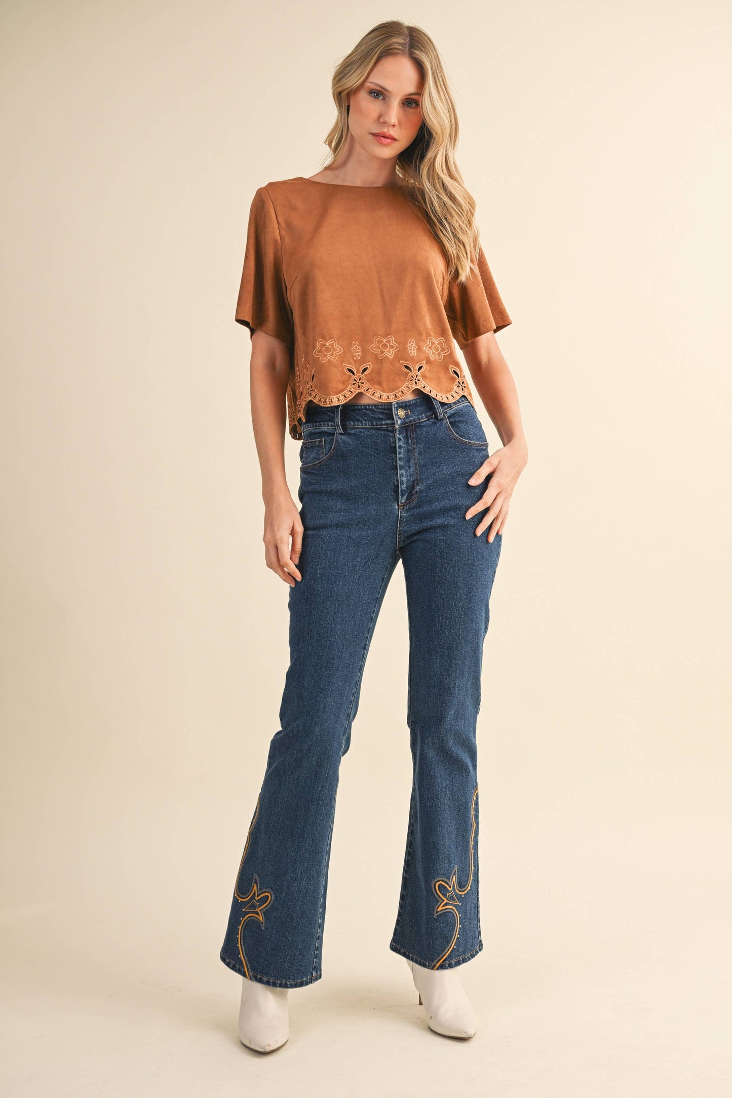 Suede-Feel Border Cutout Short-Sleeve Top – Camel