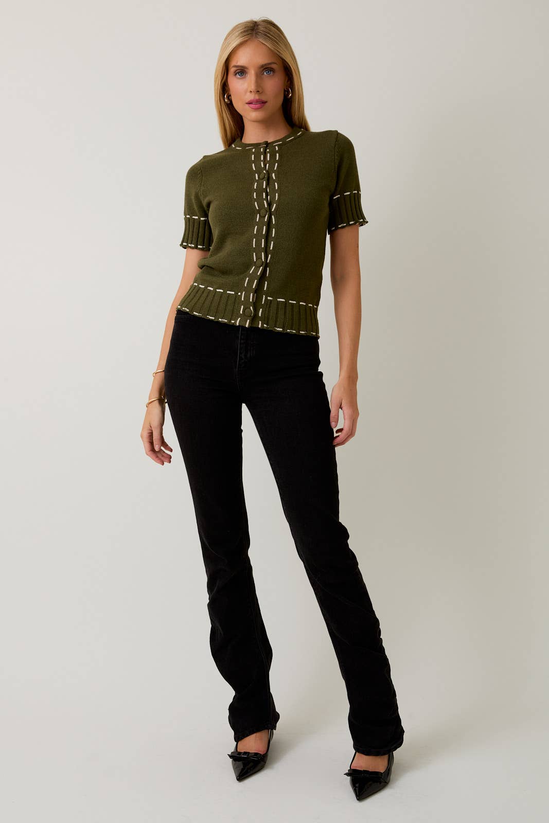Round Neck Stitch Detail Sweater Cardigan – Olive