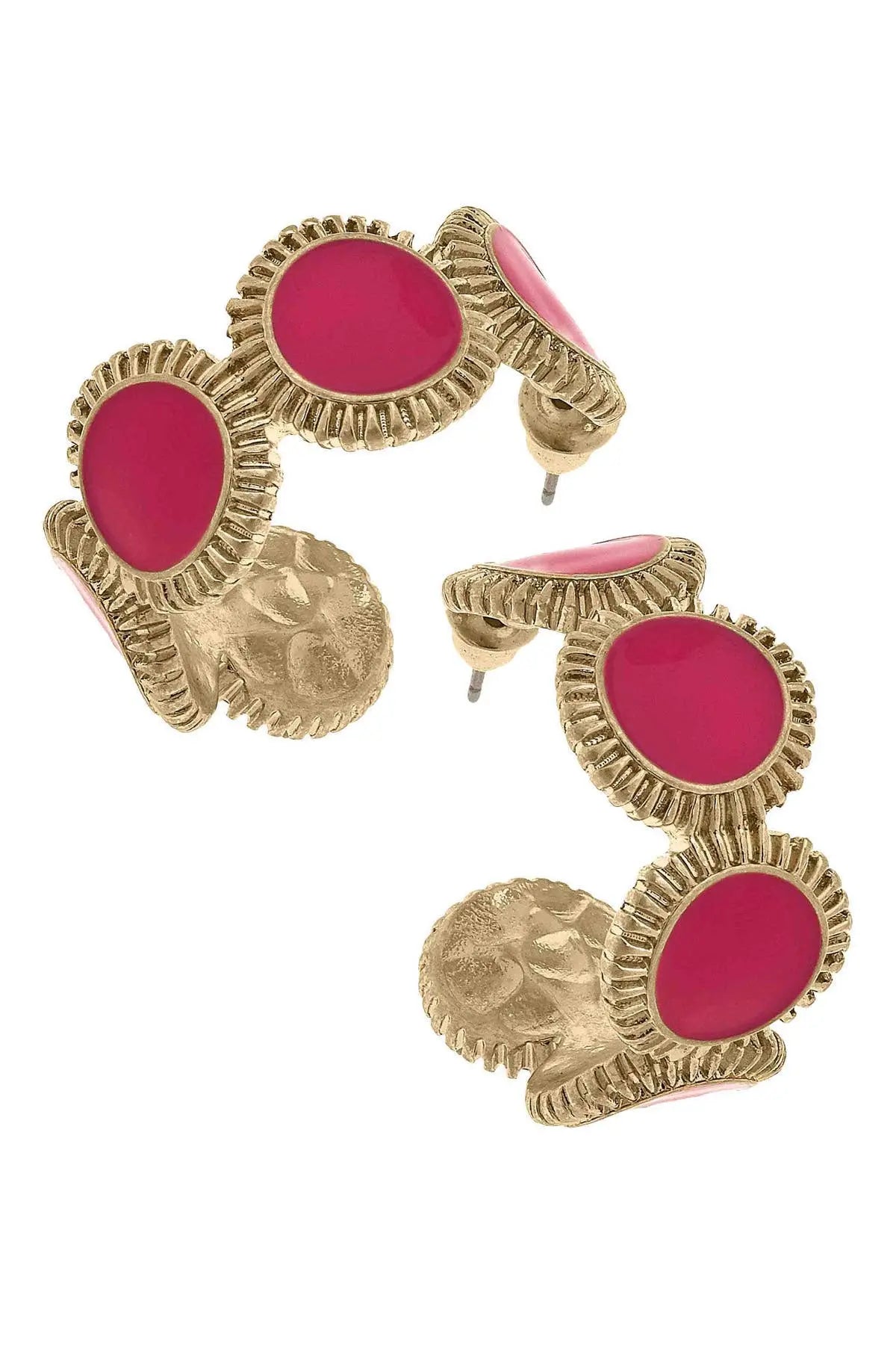 Bianca Fluted Enamel Disc Hoop Earrings - Fuchsia - Jewelry