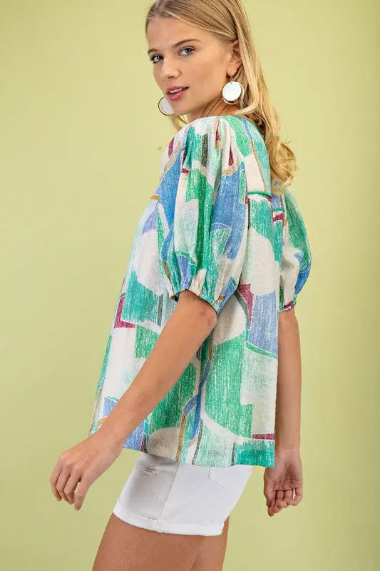 Brynlee Palm Puff Sleeve Top - Tops