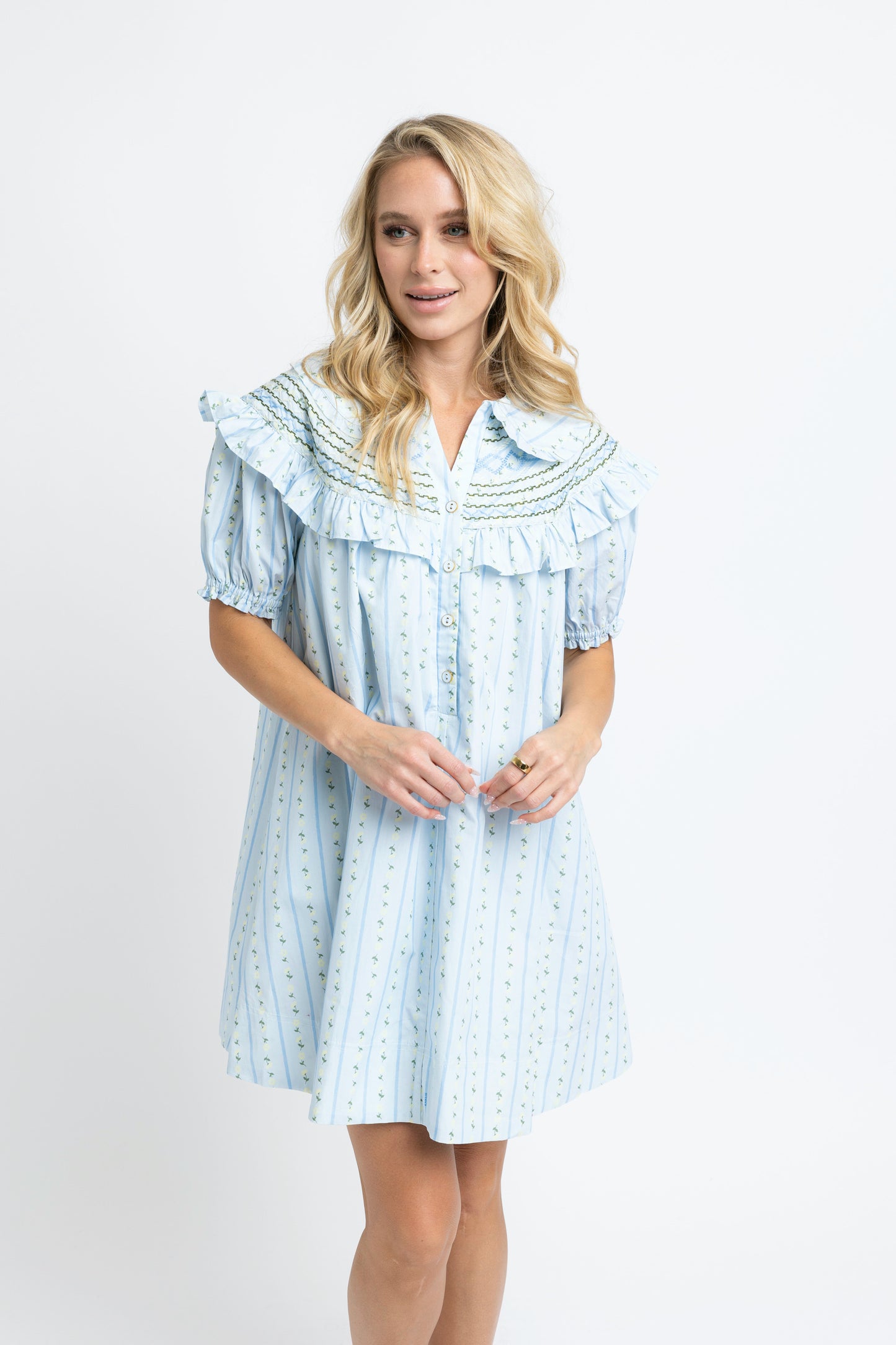 The Juliette Peter Pan Stitch Dress (Blue Blossom Stripe) Karlie