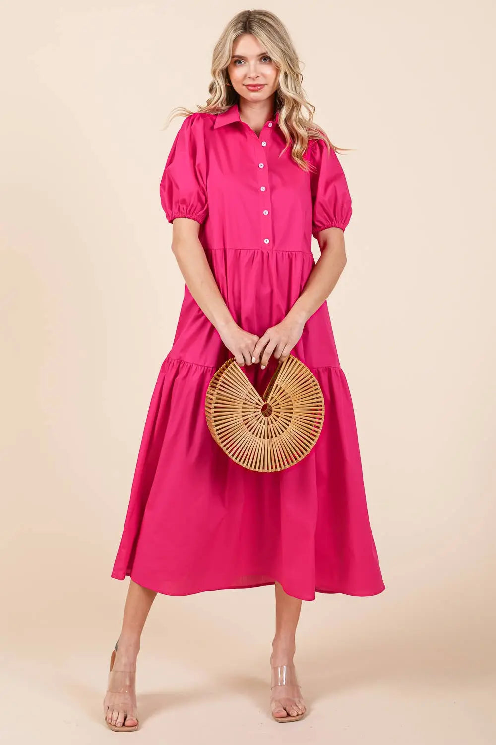 Charlotte Tiered Midi Dress - Hot Pink / L - Dresses