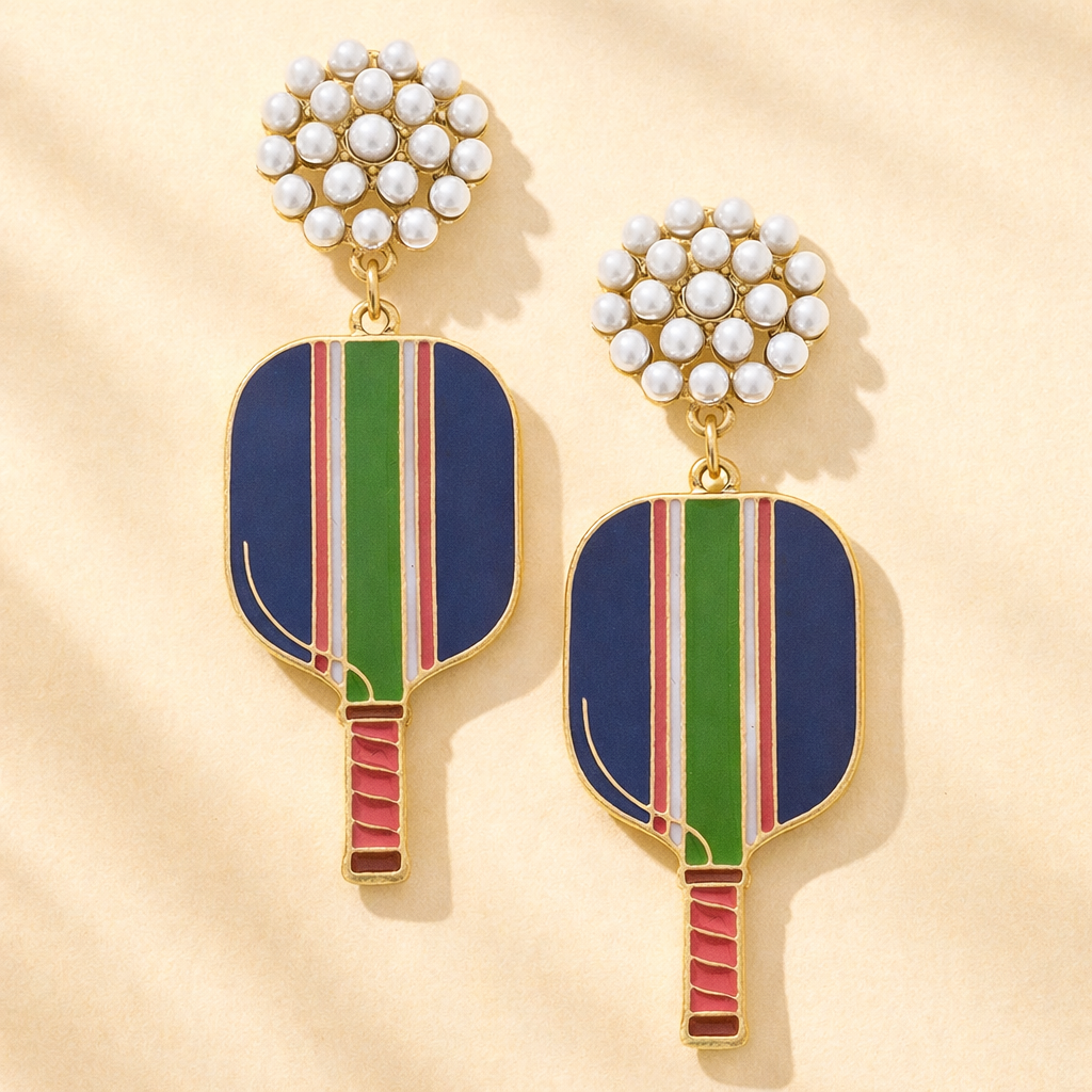 Colorful pickleball paddle earrings with pearl cluster drop design by Canvas Style, stylish jewelry accessory.