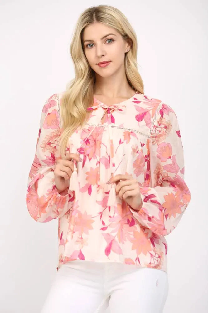 Denise Tassel Tie Blouse (Pink Multi) - Blouse