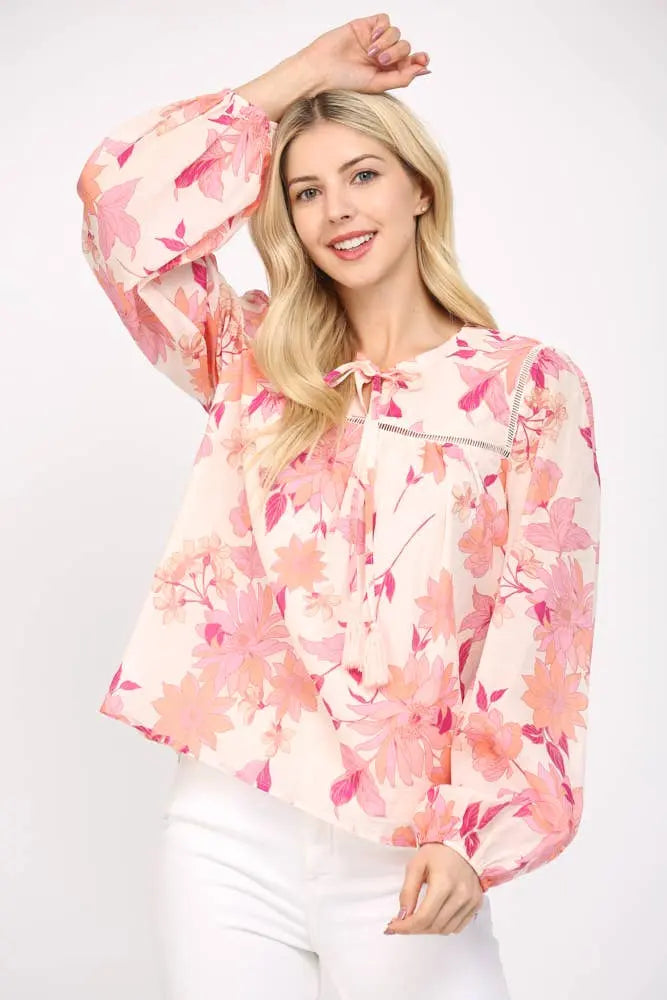 Denise Tassel Tie Blouse (Pink Multi) - Blouse