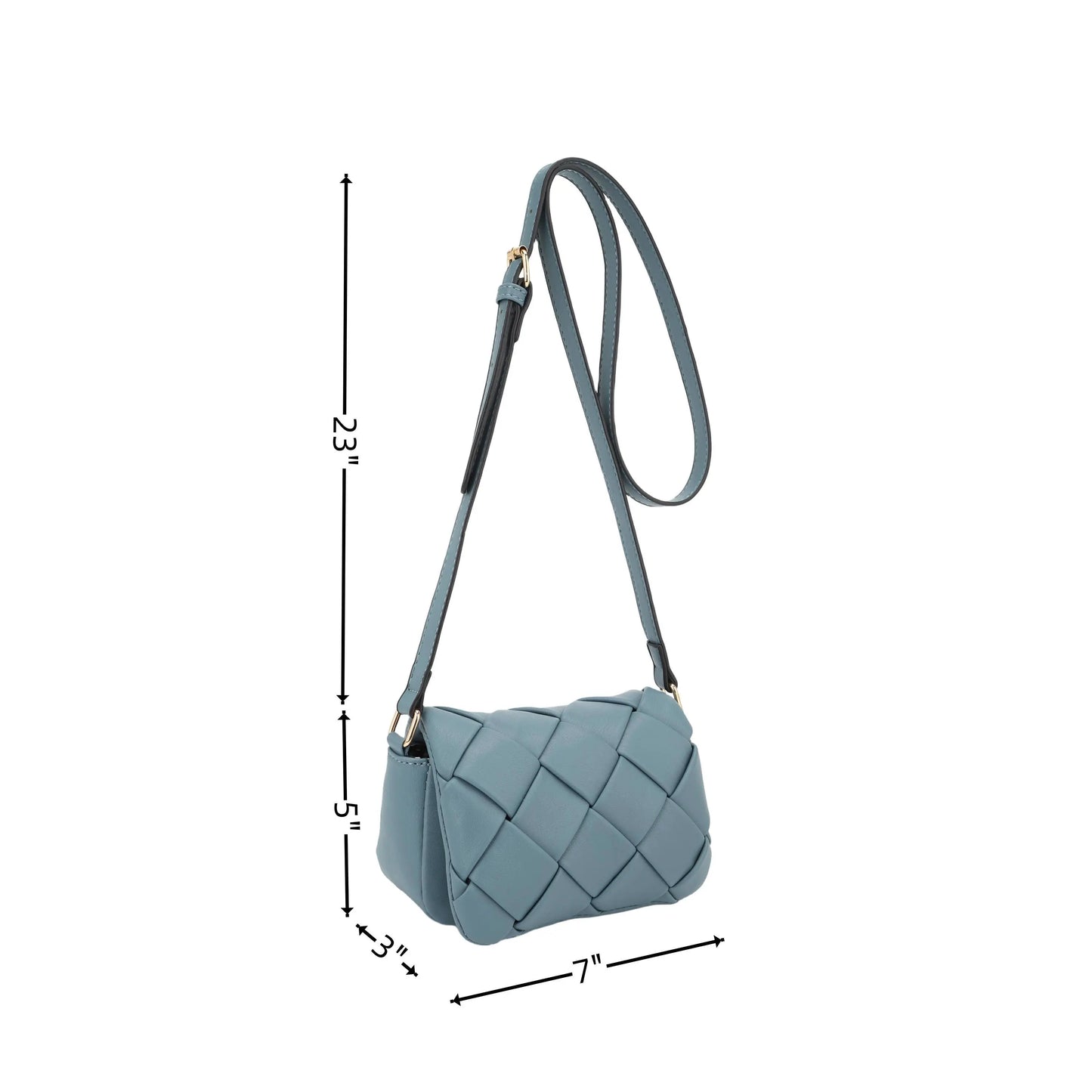 KAYLA+AVA Emily Mini Woven Flap Crossbody Bag with adjustable strap and woven detail in neutral tones.