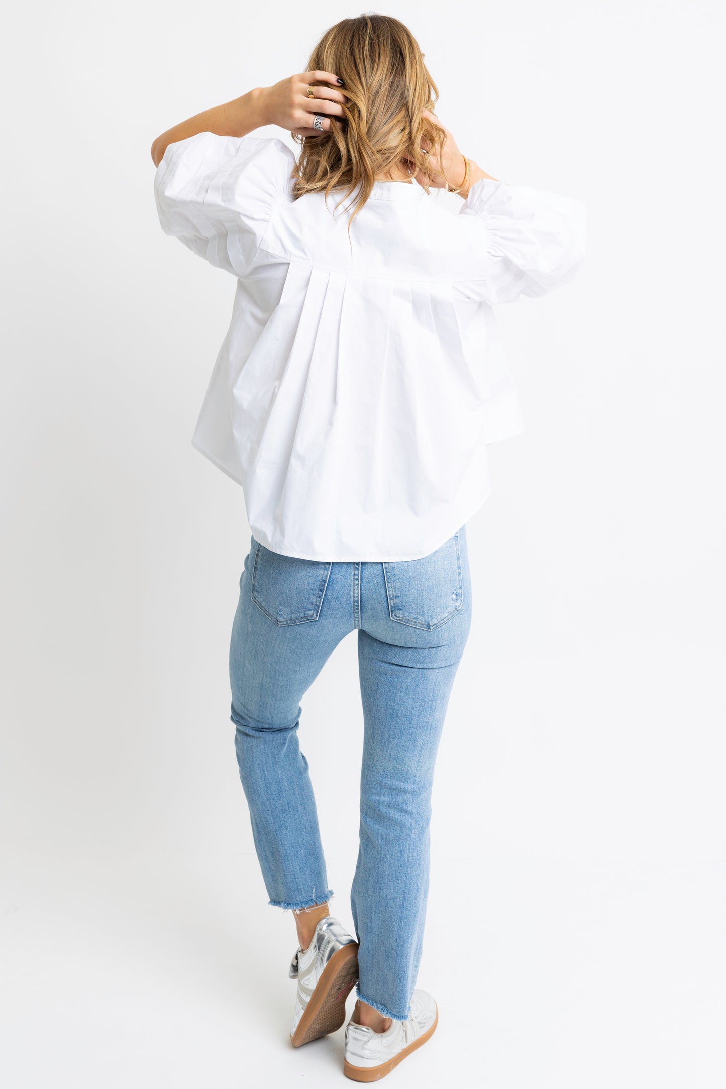 The Charlotte Poplin Pleat Sleeve Top (White) Karlie